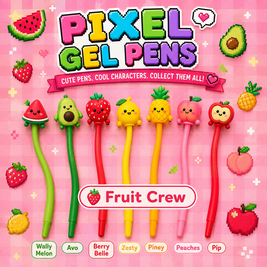 Meet the Fruit Crew! 🍓🍍

Add a splash of juicy fun to every page with the Fruit Crew Pixel Gel Pens. Pick your favourite fruity character and enjoy a colourful, flexible pen with smooth-flowing blue gel ink. 👾
