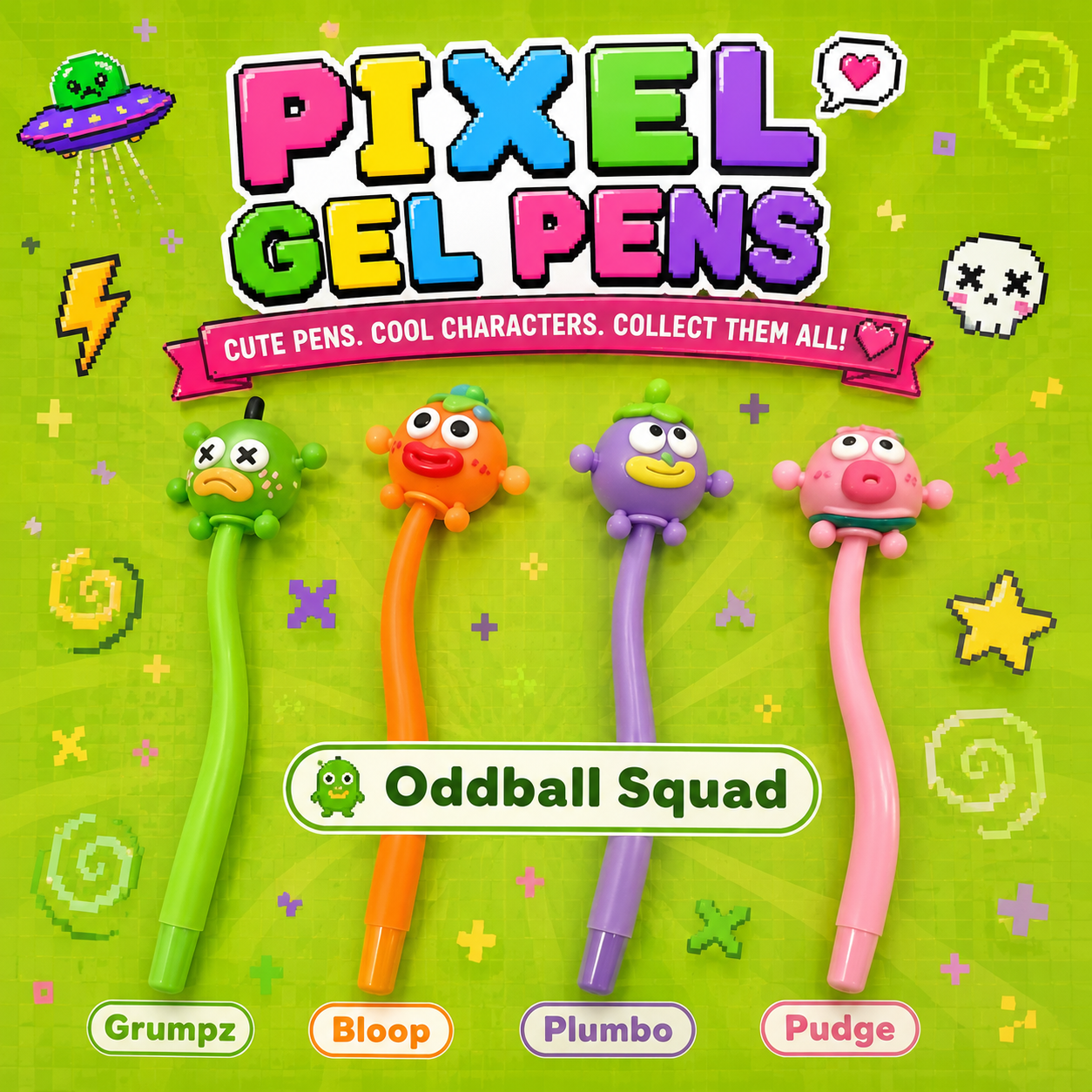 Meet the Oddball Squad! 🤪Add a dash of quirky fun to every page with the Oddball Squad Pixel Gel Pens. Choose your favourite misfit character and enjoy a colourful, flexible pen with smooth-flowing blue gel ink. 👾