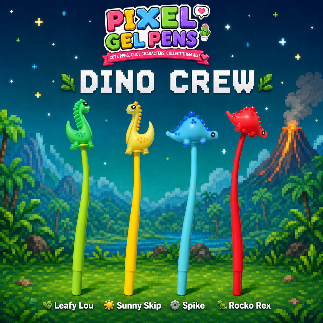 Meet the Dino Crew! 🦖🦕
Add a roar of adventure to every page with the Dino Crew Pixel Gel Pens. Choose your favourite prehistoric character and enjoy a colourful, flexible pen with smooth-flowing blue gel ink. 👾