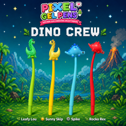Meet the Dino Crew! 🦖🦕
Add a roar of adventure to every page with the Dino Crew Pixel Gel Pens. Choose your favourite prehistoric character and enjoy a colourful, flexible pen with smooth-flowing blue gel ink. 👾