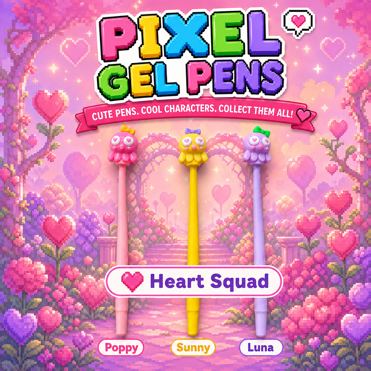 Meet the Heart Squad! 💕

Add a little love to every page with the Heart Squad Pixel Gel Pens. Choose your favourite character and enjoy a colourful, flexible pen with smooth-flowing blue gel ink. 👾