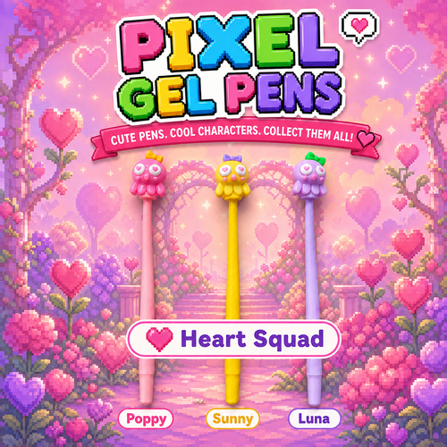 Meet the Heart Squad! 💕

Add a little love to every page with the Heart Squad Pixel Gel Pens. Choose your favourite character and enjoy a colourful, flexible pen with smooth-flowing blue gel ink. 👾
