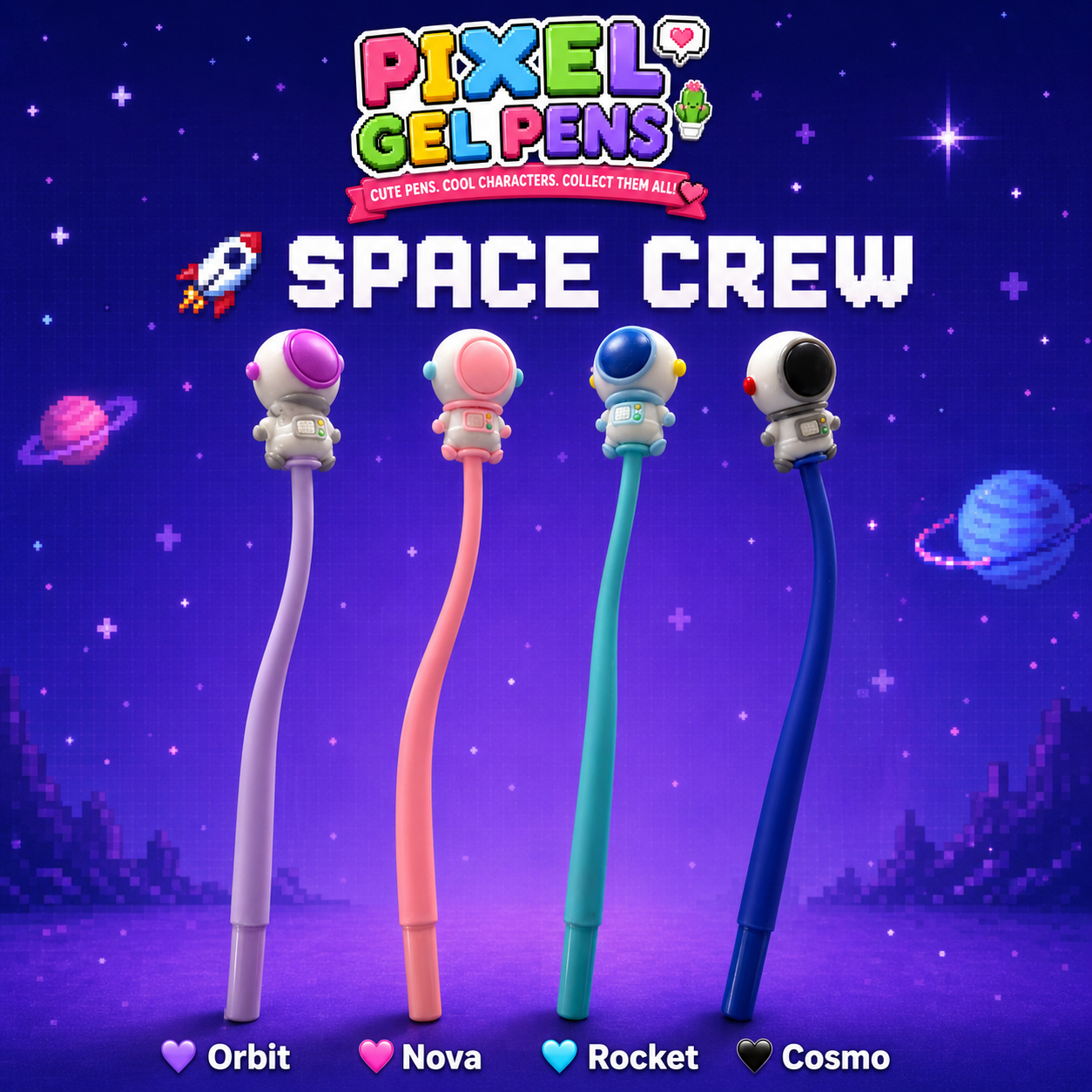 Meet the Space Crew—four colourful character gel pens ready to take your creativity out of this world! 🚀👾

